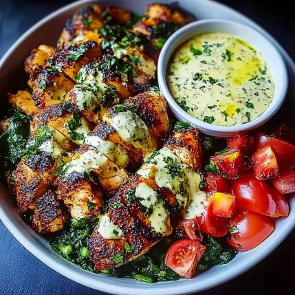 A bowl of food with chicken, tomatoes, and sauce.