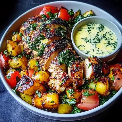 A bowl of food with a sauce in a small bowl.