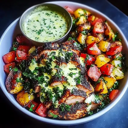 A bowl of food with a side of sauce.