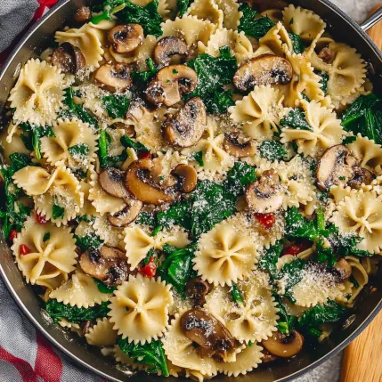 A pan of pasta with mushrooms and spinach.