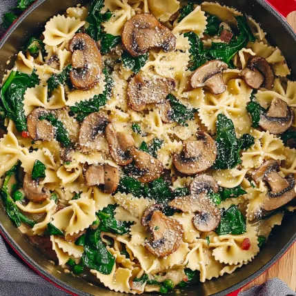 A pan of pasta with mushrooms and spinach.