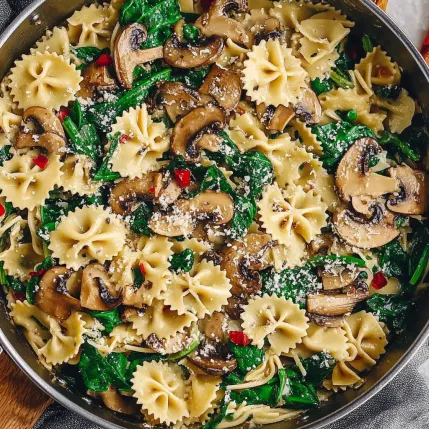 A bowl of pasta with mushrooms and spinach.