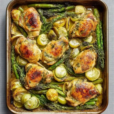 A pan of chicken and asparagus.