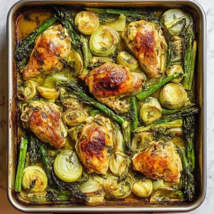 A pan of chicken with green vegetables.