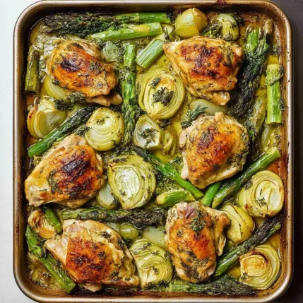 A pan of chicken with green vegetables.