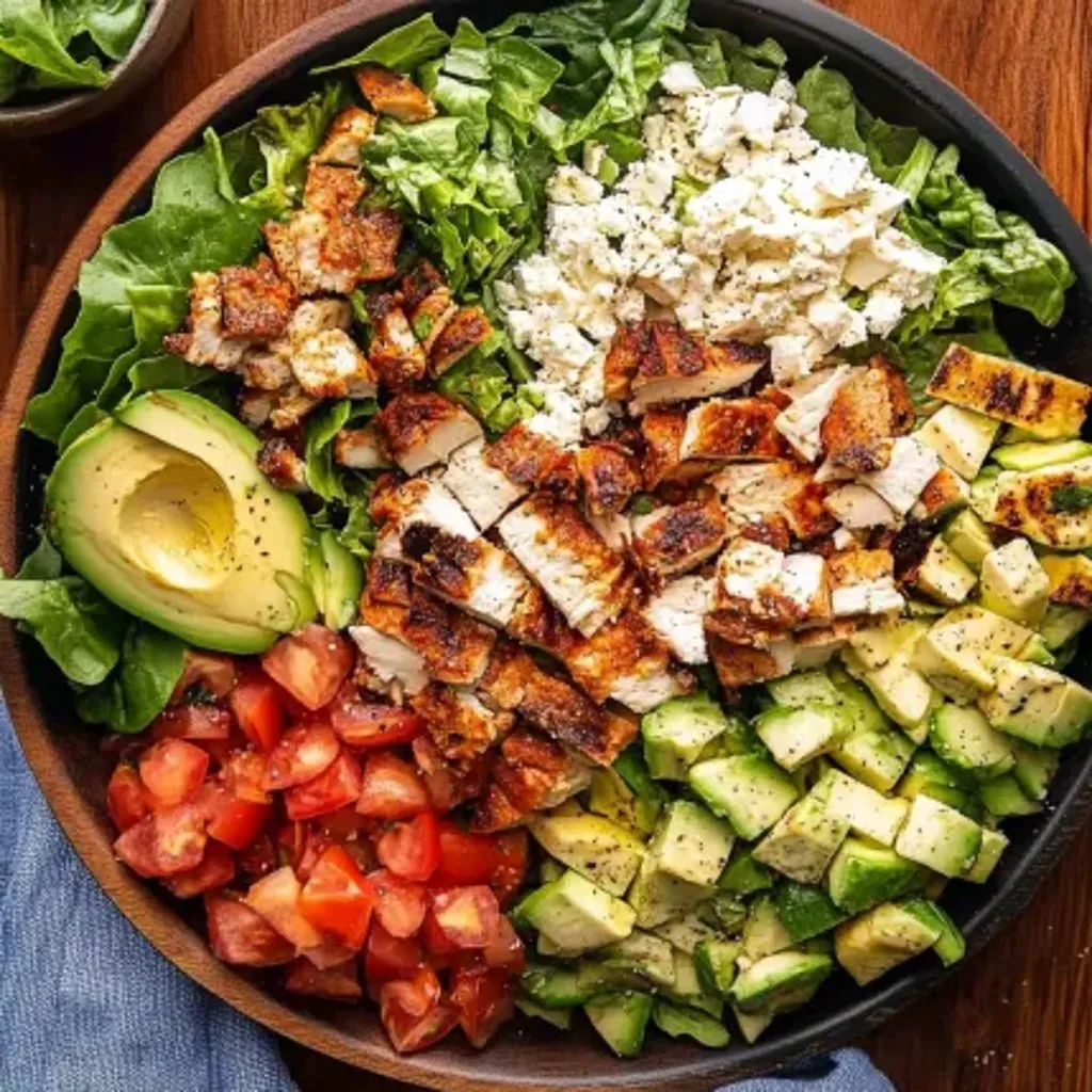 A bowl of salad with chicken, avocado, tomatoes, and lettuce.