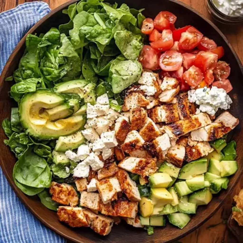 A bowl of salad with chicken, tomatoes, lettuce, and avocado.