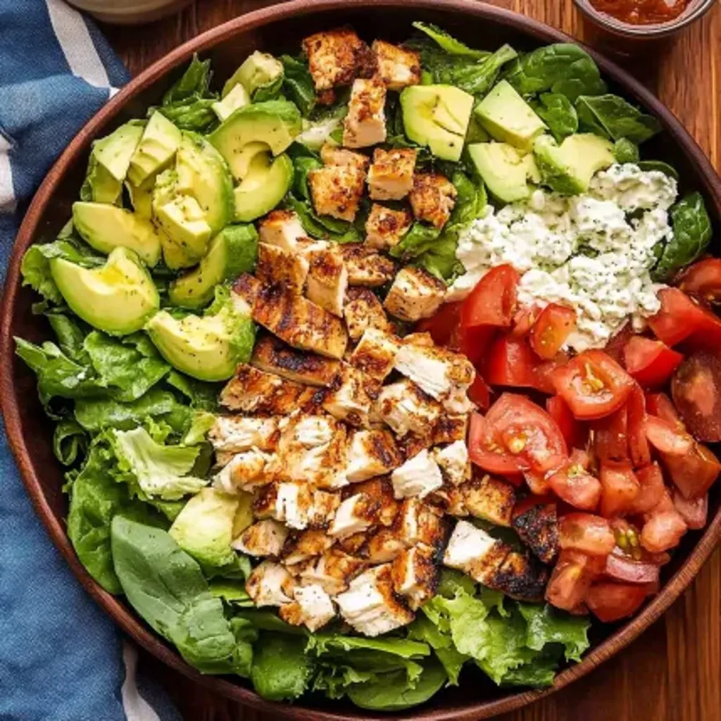 A bowl of salad with chicken, tomatoes, and avocado.