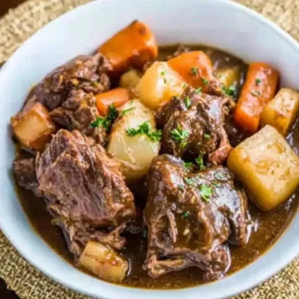 A bowl of beef stew with carrots and potatoes.