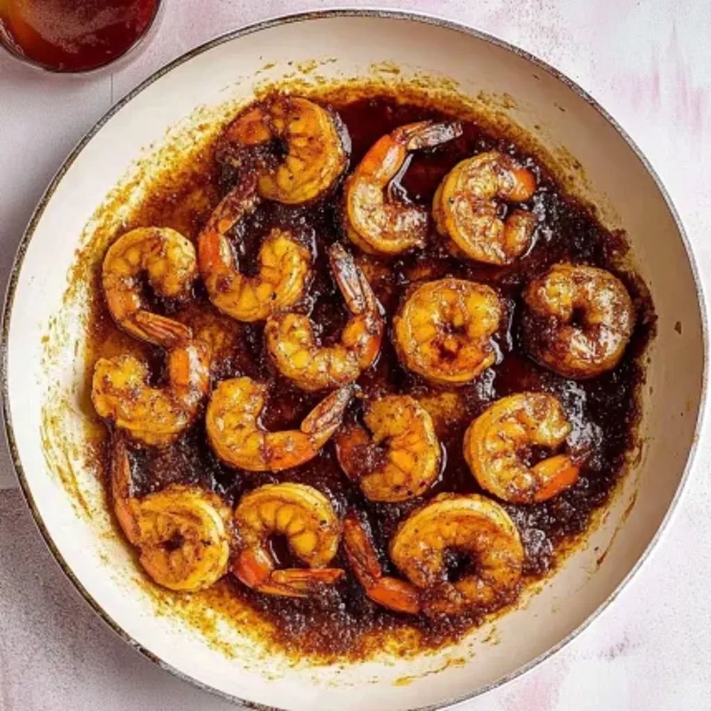 A plate of shrimp in a brown sauce.