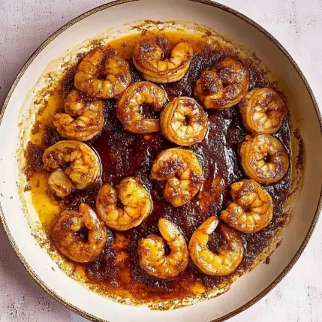 A plate of shrimp with a brown sauce.