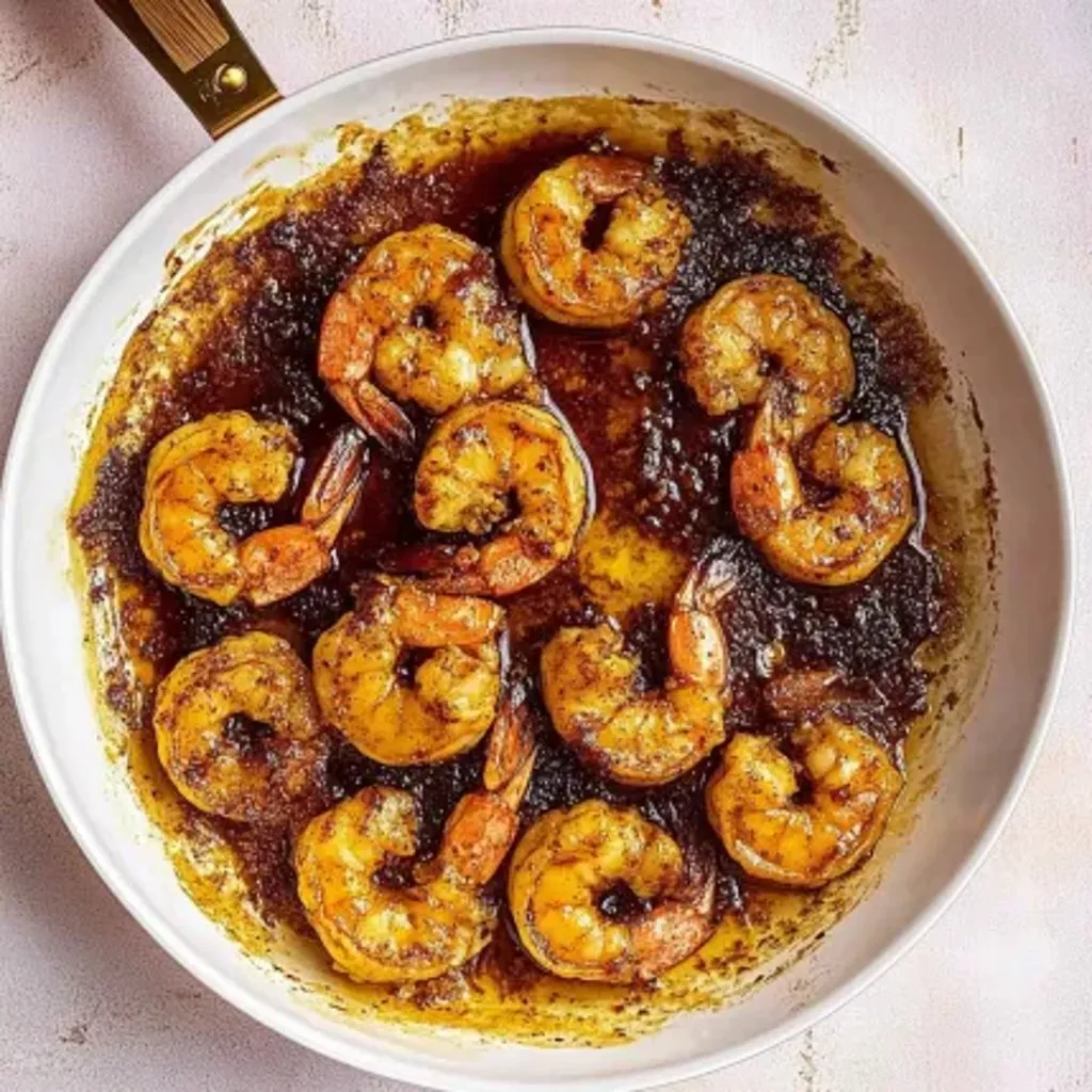 A plate of shrimp with a brown sauce.