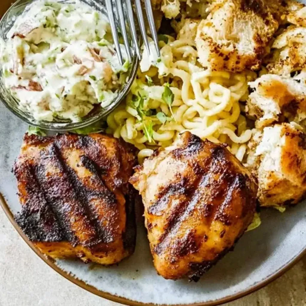A plate of food with chicken, noodles, and coleslaw.