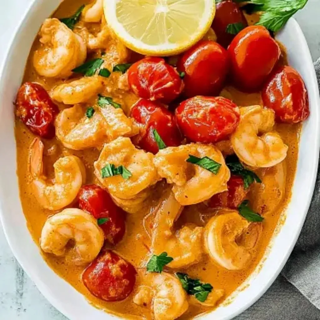 A bowl of shrimp and tomatoes.