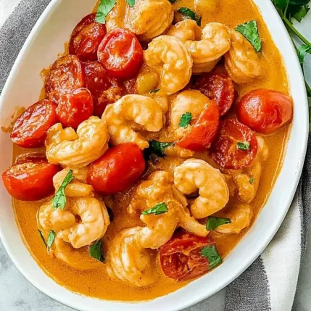 A bowl of shrimp and tomatoes.