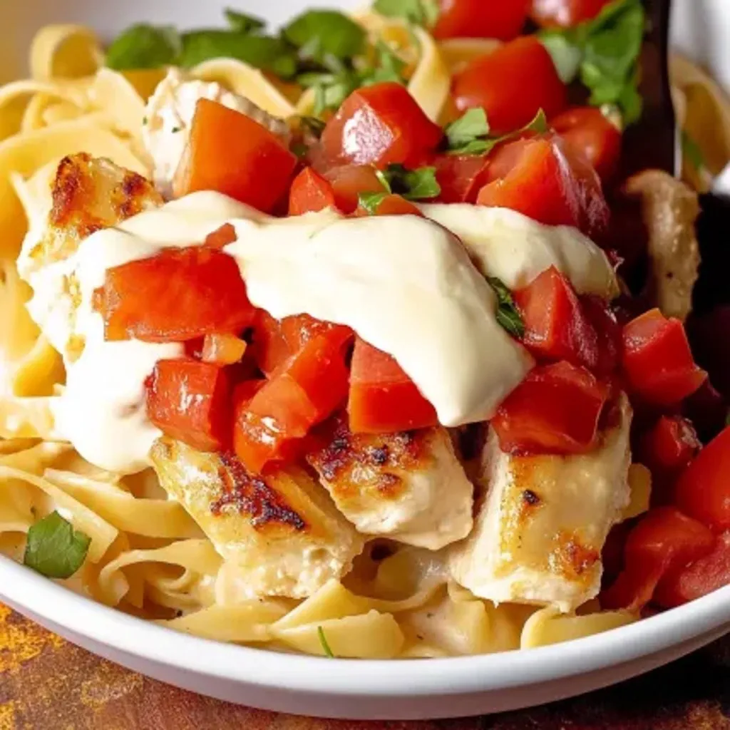 A plate of food with tomatoes, chicken, and pasta.