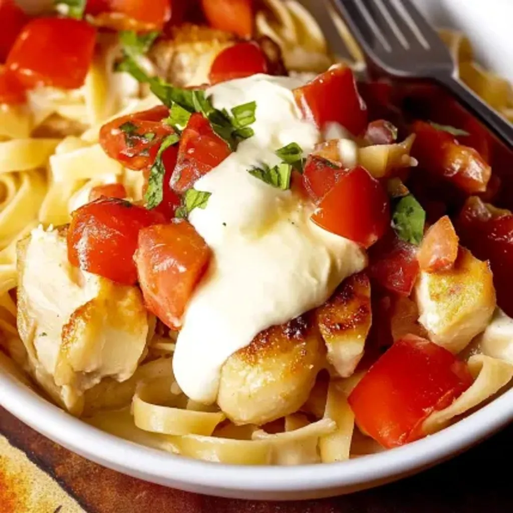 A bowl of pasta with tomatoes and cheese.