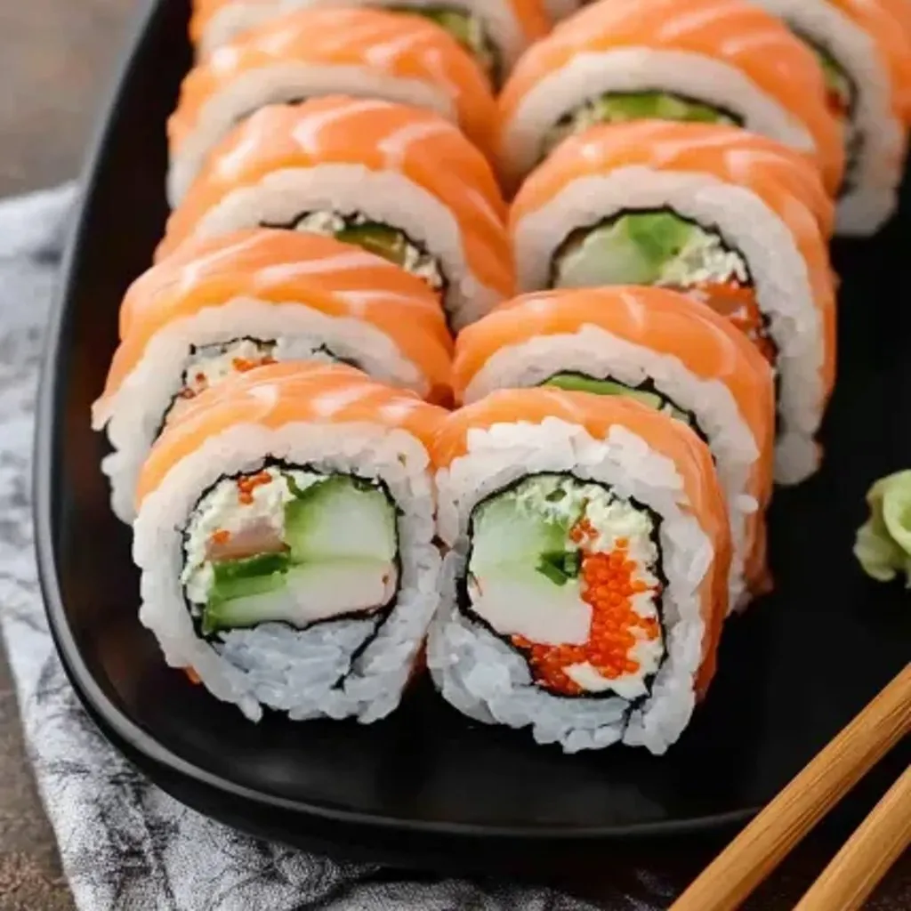 A plate of sushi with a green vegetable on top.