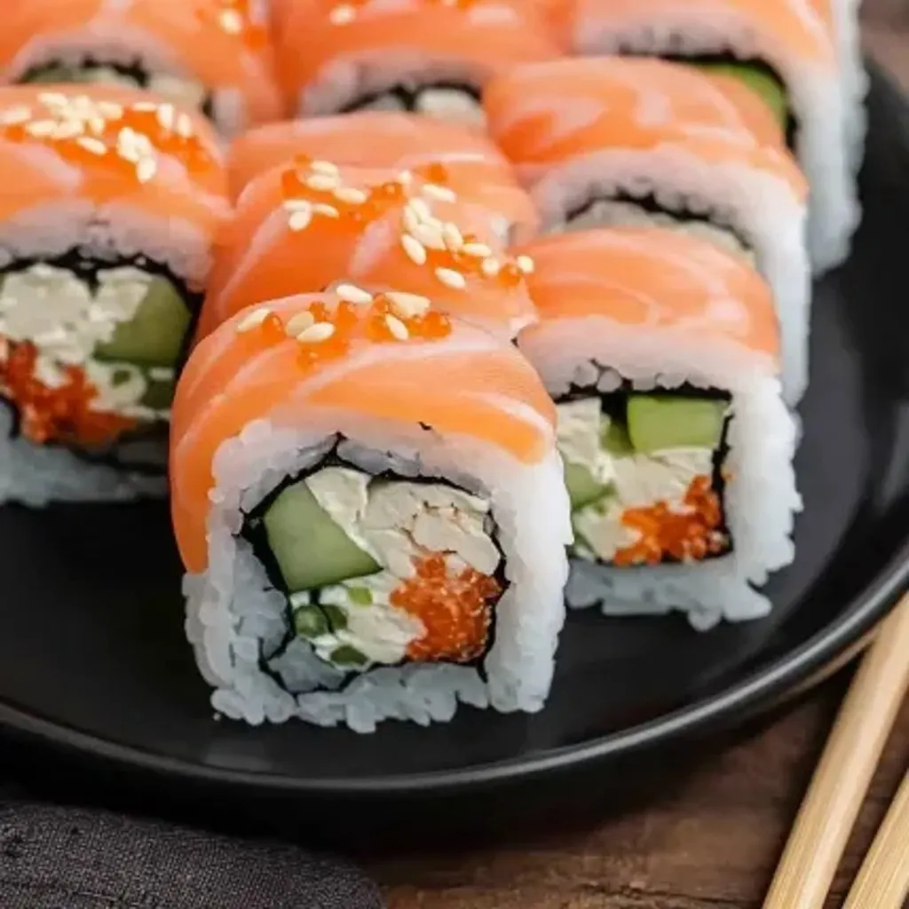 A plate of sushi with orange and green toppings.