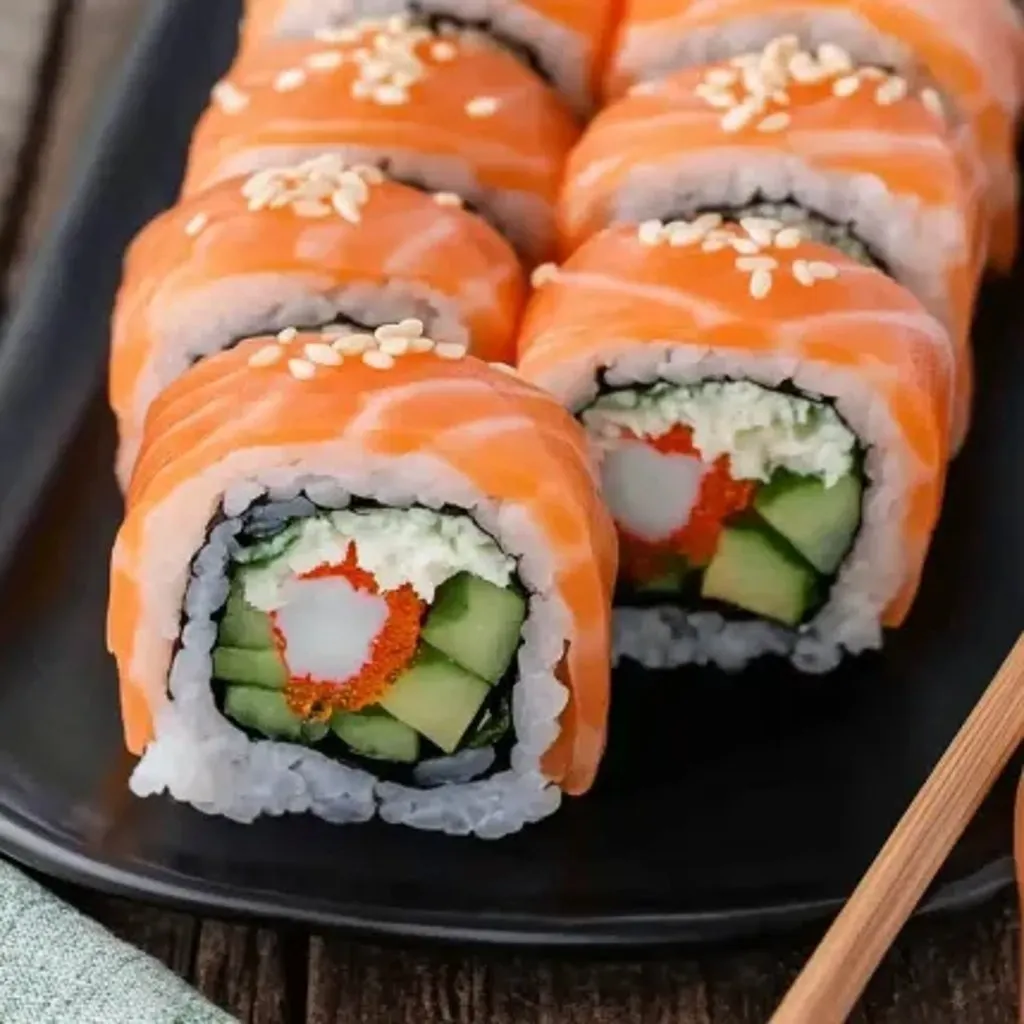 A plate of sushi with cucumber and rice.