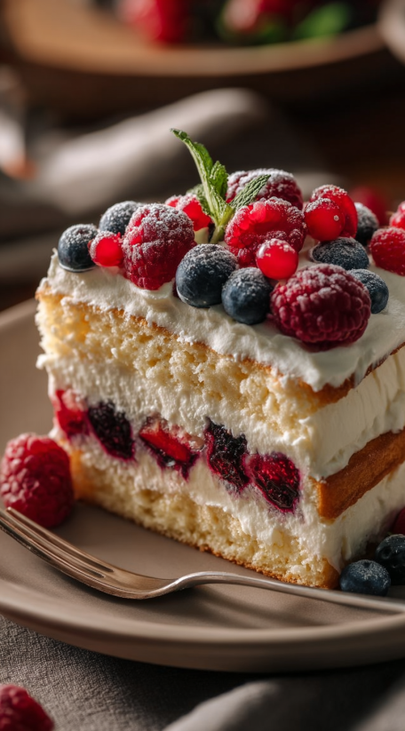 A slice of berry chantilly cake.