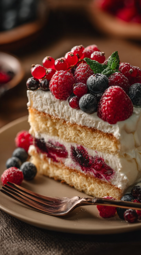 A slice of berry chantilly cake.
