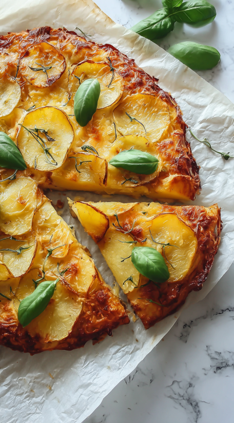 A slice of potato frittata with herbs on top.