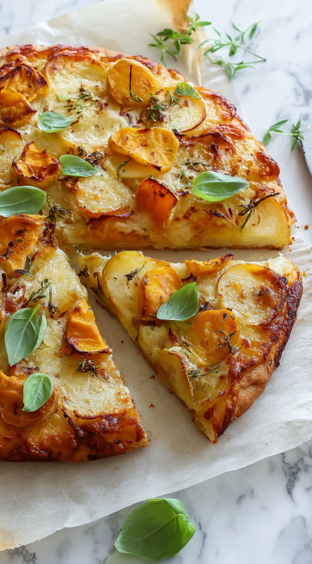 A slice of potato frittata with a green herb on top.