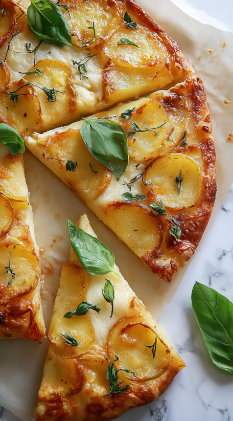 A slice of potato frittata with herbs on top.
