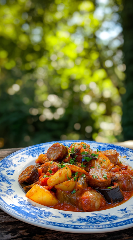 A plate of food with a sausage and vegetables.