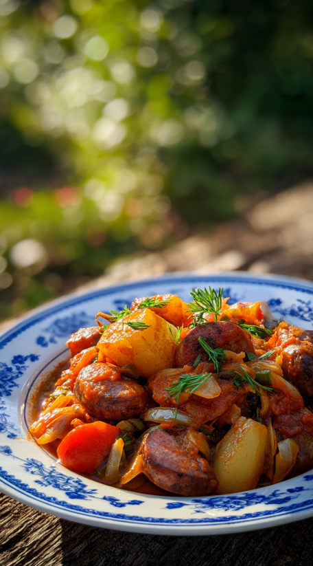 A plate of food with a cabbage goulash.