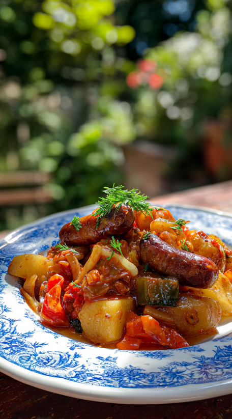 A plate of food with sausage and cabbage.