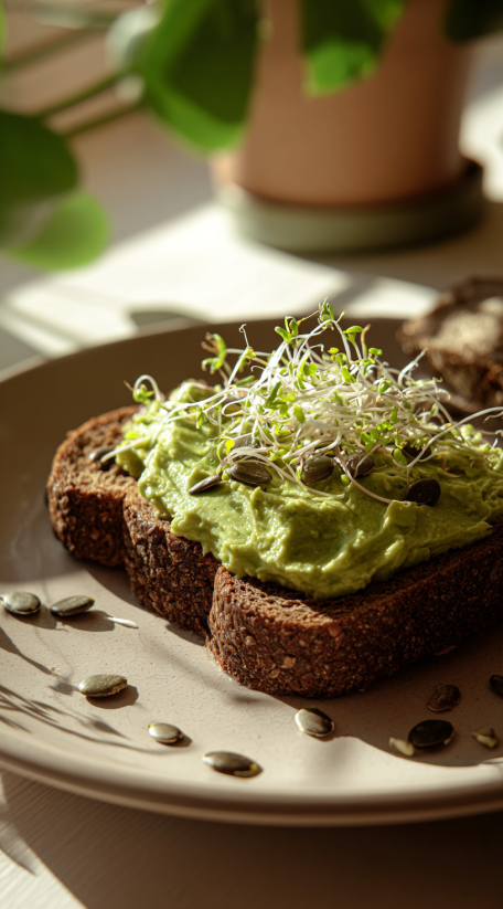 A plate of toast with pea hummus on top.