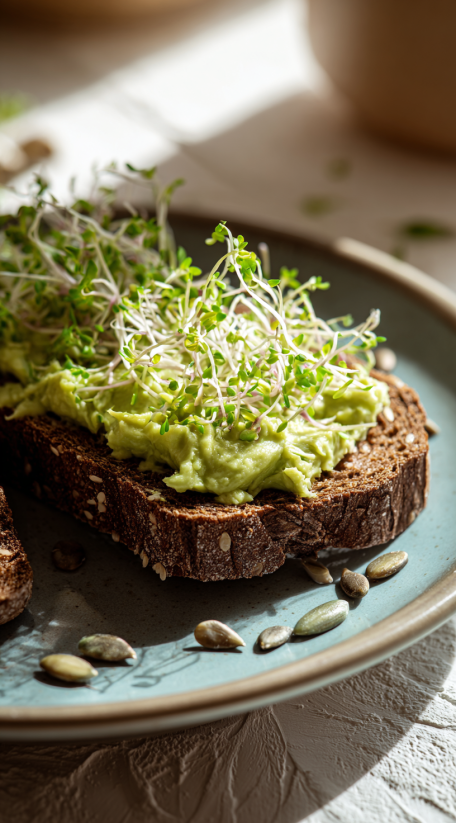 A slice of bread with pea hummus on it.