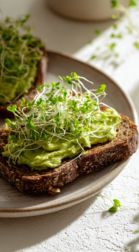 A slice of bread with sprouts on top.