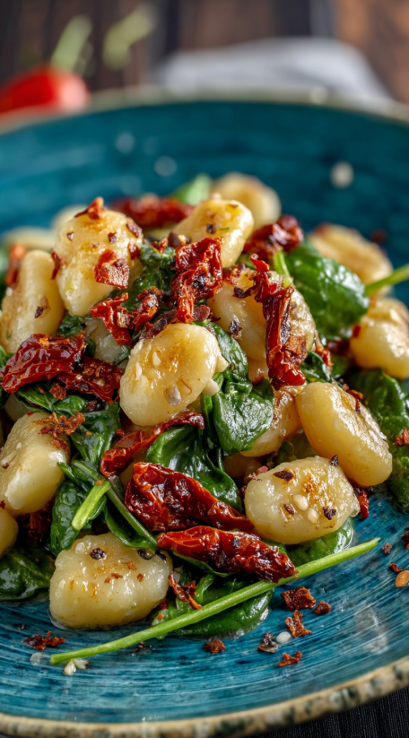 A plate of gnocchi salad with red peppers and greens.