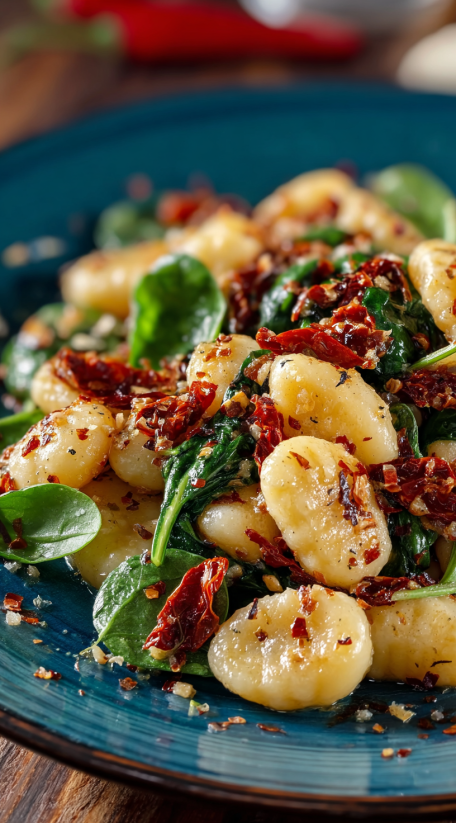 A plate of gnocchi salad with greens and spices.