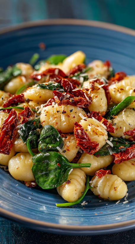 A bowl of gnocchi salad with red peppers and spinach.