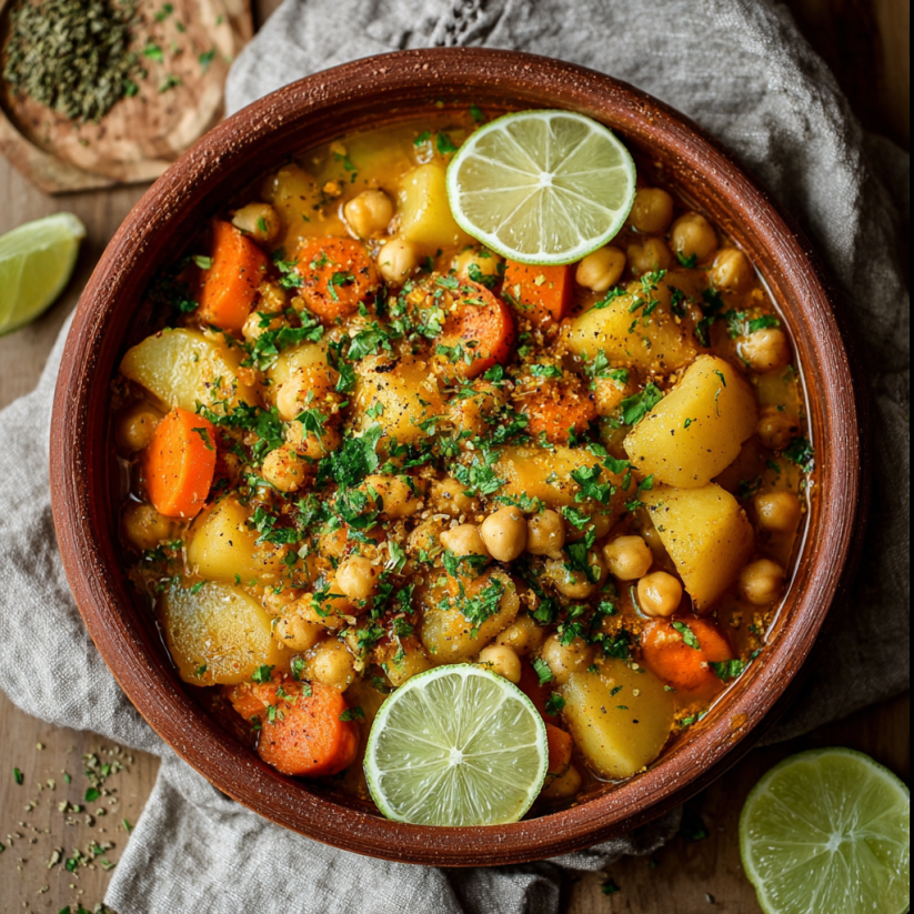A bowl of creamy potato curry with limes and carrots.