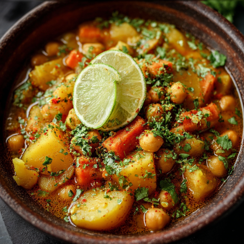 A bowl of creamy potato curry with a lime wedge on top.