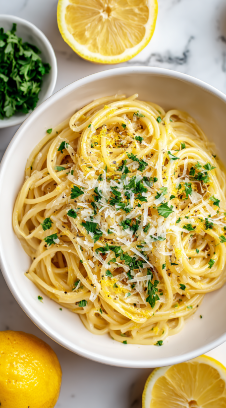 A bowl of spaghetti with cheese and lemon.