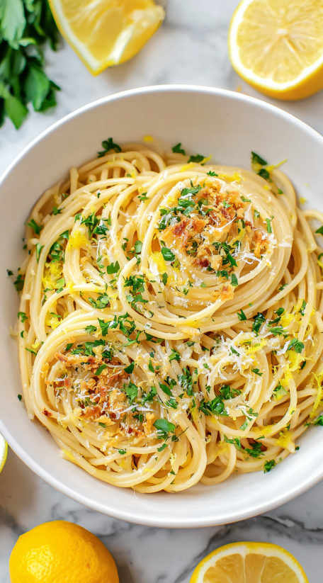 A bowl of spaghetti with cheese and herbs.