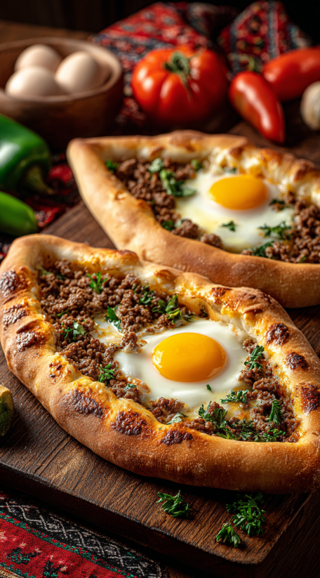 A close up of a delicious looking Turkish Pide.