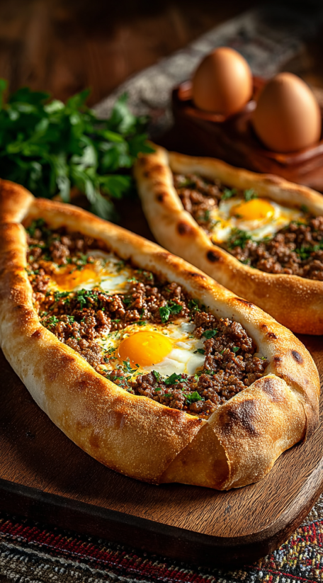 A delicious looking Turkish Pide with eggs and meat.