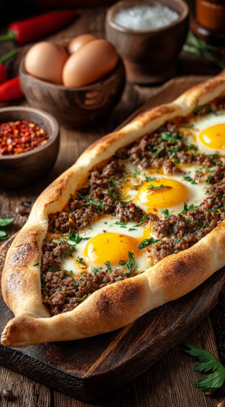 A pizza with eggs and meat on top.