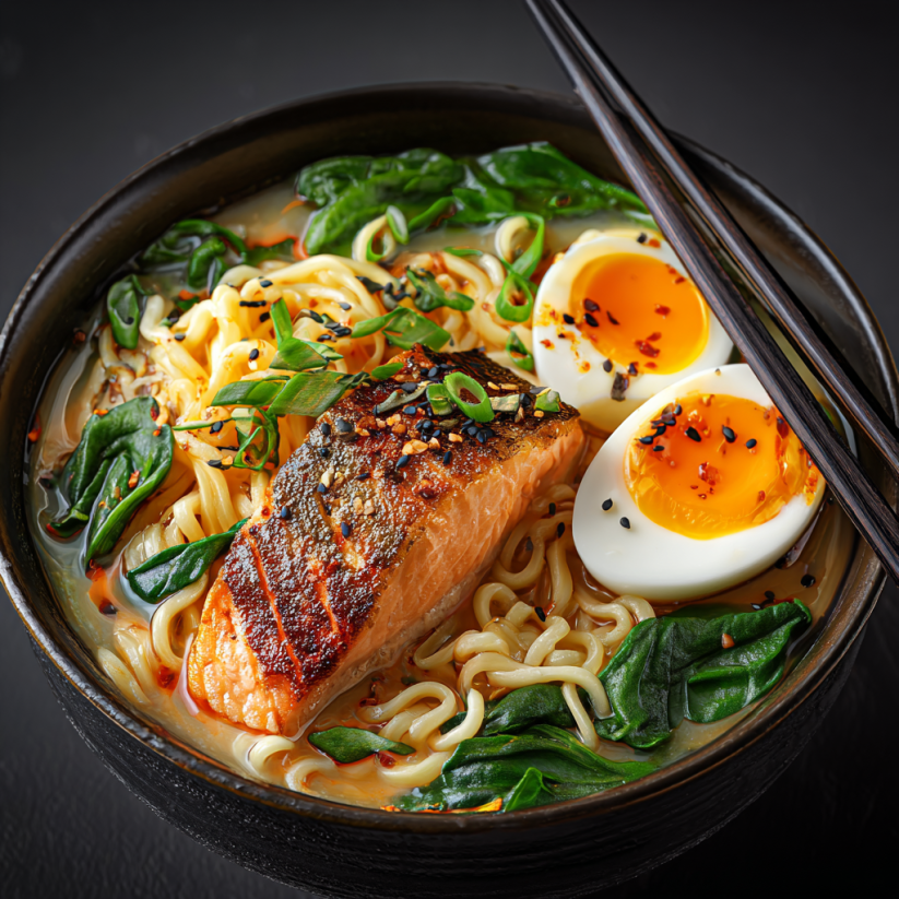 A bowl of salmon ramen with noodles, eggs, and greens.