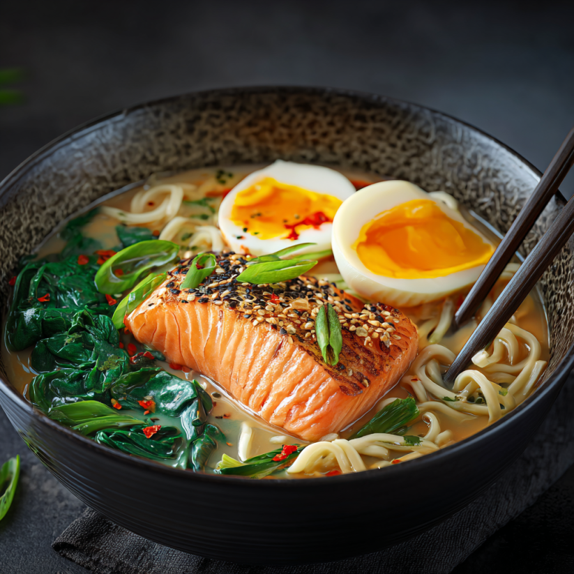 A bowl of ramen with salmon and egg.