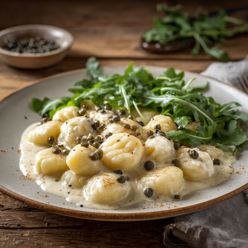 A plate of gorgonzola gnocchi with greens.