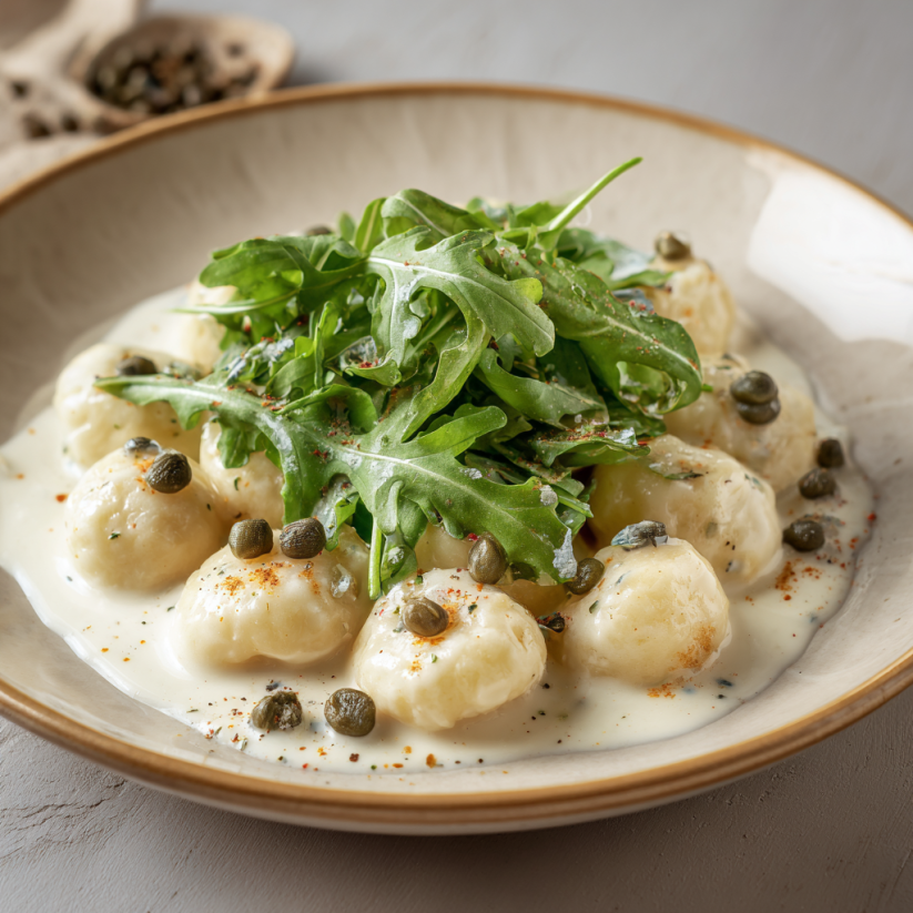 A plate of gorgonzola gnocchi with a green topping.