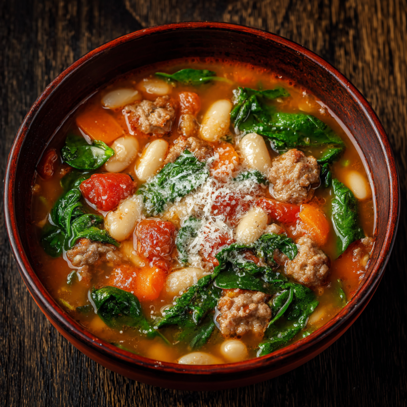 A bowl of Italian sausage soup with greens.